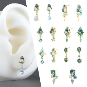18K Solid Gold Tear Drop Moss Agate Piercing Jewelry with Push-In Claw Setting
