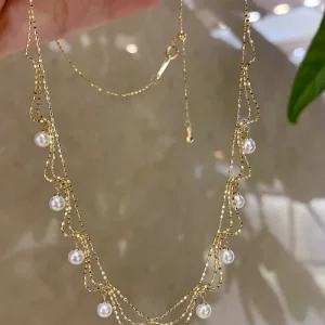 18K Solid Gold Three-Layer Beaded Pearl Charm Necklace AU750