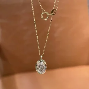 18K Yellow Gold 1CT White Oval-Cut Lab Diamond Bubble Bezel Pendant Necklace