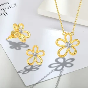 Custom 18K Gold-Plated Flower Zircon 925 Sterling Silver Earrings and Necklace Jewelry Set for Women