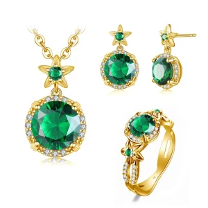 Designer Engagement/Wedding Birthstone Jadeite Women’s 18K Gold & 925 Sterling Silver Jewelry Set