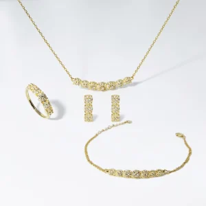 18K Gold-Plated 925 Sterling Silver Zircon Curved Bar Necklace, Earrings, Bracelet and Ring Jewelry Set