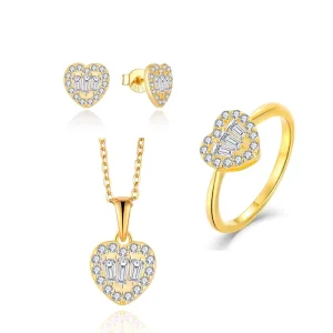Custom Sample-Based Women’s Luxury 18K Gold-Plated 925 Sterling Silver Heart-Shaped Earrings, Ring and Necklace Cubic Zirconia Jewelry Set
