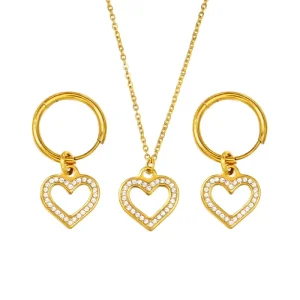 18K Gold Stainless Steel Zircon-Set Heart Pendant Necklace and Earrings Jewelry Set for Women