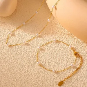 Fashion Jewelry Set: 18K Gold-Plated Stainless Steel Chain, Pearl Beaded Necklace and Bracelet Set for Women