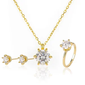 18K Gold-Plated 925 Sterling Silver VVS Moissanite Round-Cut Necklace, Earrings and Ring Jewelry Set with GRA Certificate