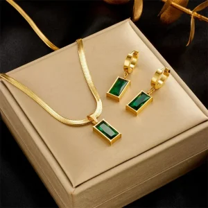 Waterproof 18K Gold-Plated Stainless Steel Women’s Jewelry Set with Green Zircon Square Pendant, Earrings, and Necklace