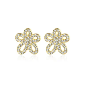 18k Gold Plated 925 Silver Diamond Flower Stud Earrings