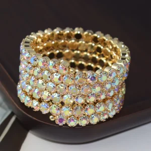 18k Gold Plated Full Gloss Diamond Crystal Bracelet Width 5 Drainage Diamond Elastic Cuff Bracelet