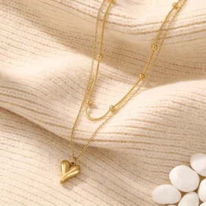 18k Gold Plated Stainless Steel Necklace with Heart Pendant High end Double Layer Stackable Clavicle Chain