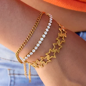 18k Gold Star Link Hollow Stainless Steel Bangle Bracelet for Women