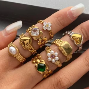 18k PVD Gold-Plated Stainless Steel Flower Pearl Gemstone Rings for Women, Non-Tarnish