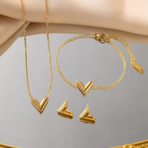 Waterproof 18K Gold-Plated Stainless Steel V-Shaped Pendant Necklace, Bracelet and Earrings Fashion Jewelry Set for Women