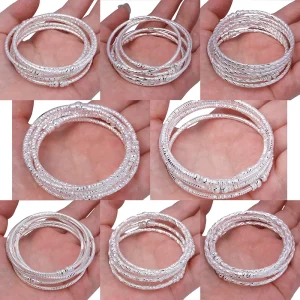 1PCS Vintage Geometric Handmade Silver Beaded Bangle Bracelet for Women