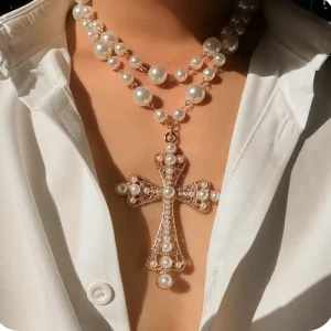 2-Piece Set Large Hollow Imitation Pearl Cross Choker Necklace for Men