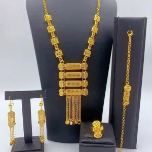 24K Dubai Gold-Plated Pendant Necklace, Earrings, Bracelet and Ring Set for Women, Arabic Long Tassel Alloy Wedding Bridal Jewelry Set