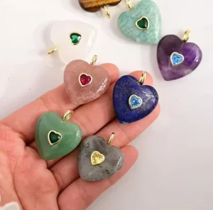 25MM Heart Shape Cubic Zirconia Pave Crystal Quartz Amazonite Gemstone Pendant DIY Charm