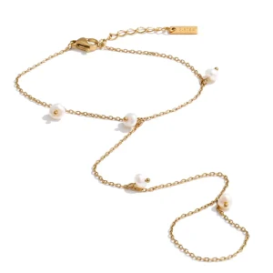 264 Stainless Steel Chain Finger Ring Bracelet with Natural Pearls