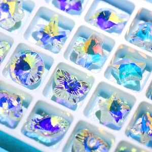 28PCS 14mm AB Color Glass Rhinestone Pendant Heart Star Bear Charms Jewelry Making Sew On Flatback Necklace Earrings DIY