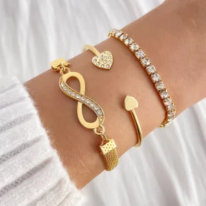 3-Piece Crystal Peach Heart Open Charm Multilayer Alloy Bangle Bracelet Set