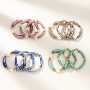 3-Piece Set Natural Freshwater Pearl Acrylic Tube Bead Stacking Bracelets