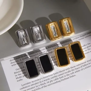 316L Stainless Steel 18K PVD Gold Silver Plated Zircon Enamel Inlaid Rectangle Geometric Stud Earring Statement Women Jewelry