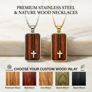 316L Stainless Steel Cross Pendant Necklace, Natural Wood Inlay, 18K PVD Gold-Plated, Waterproof, for Men