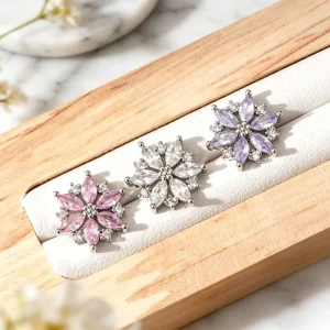 316L Stainless Steel Silver Plated Multicolor Zirconia Snowflake Flower Stud Earrings for Women