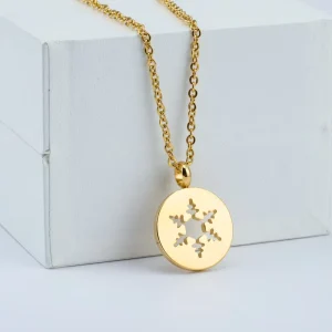 316L Stainless Steel Snowflake Pendant Necklace, 18K Gold-Plated, Hollow, Retro, Allergy Resistant