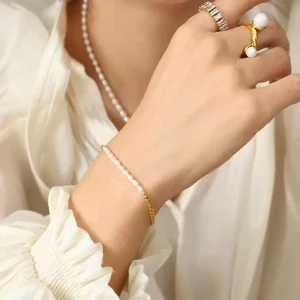 316L Stainless Steel Supplier Freshwater Pearl Wire Cuff Bangle with 18K Gold