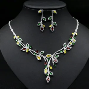 3511 Leaf Blue Sapphire Necklace and Earrings Zircon Jewelry Set