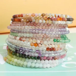 3mm Natural Faceted Gemstone Beads 3-Line Crystal Pearl Bangle Bracelet for Women