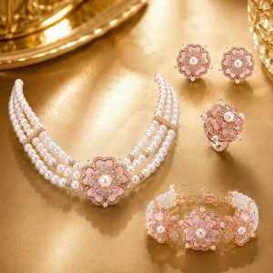 4-Piece Flower Zircon Earrings, Necklace and Ring Bridal Wedding Faux Pearl Jewelry Set