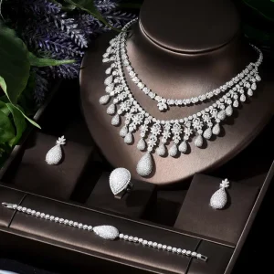 4-Piece Cubic Zirconia Necklace and Earrings Bridal Wedding Jewelry Set