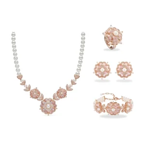 4-Piece Pink Rose Faux Pearl Rose Gold Necklace, Ring, Earrings and Wedding Bracelet Jewelry Set