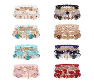 4-Piece Bohemian Stackable Tassel Bracelets, Multilayered Stretch Crystal Glass Beaded Bracelets for Women and Girls