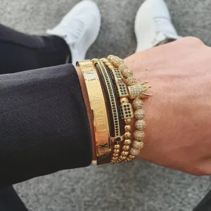 4-Piece Men’s Stainless Steel Roman Numeral Bangle and Micro-Pave CZ Crown Bead Bracelet Set