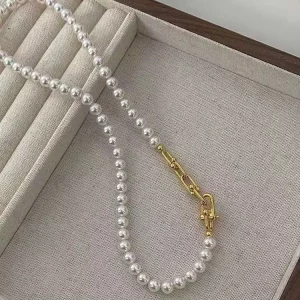 45CM Japanese Akoya Blue Gray Artificial Pearl Necklace with Crystal Beads and Horseshoe Buckle