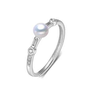 5-6mm Adjustable Sterling Silver AAA White Freshwater Button Pearl Ring for Women