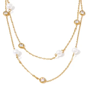 5550 Double Layer Chain Necklace Simulated Pearl Cubic Zirconia Beads