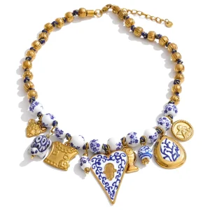 5881 Enamel Blue and White Ceramic Heart Pendant Necklace with Stainless Steel Ceramic Beads and Metal Fish Animal Pendant