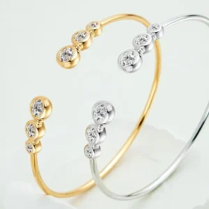 5A CZ Inlaid Adjustable Stainless Steel 18K PVD Plated Anti-Tarnish Open Cuff Bangle for Women