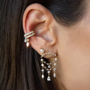 5A Cubic Zirconia CZ Charm Tassel Chain No-Piercing Ear Cuff Clip-On Earrings for Women