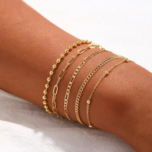 5pcs Gold-Plated Brass Chain Link Bracelet Set with Paperclip, Cuban, and Beaded Designs