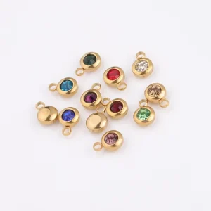 6.5MM DIY 18K PVD Gold Charms Crystal Birthstone Stainless Steel Jewelry Making for Children