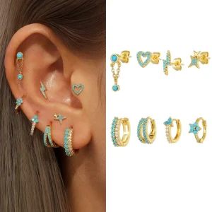 8Pcs Stackable Turquoise S925 Silver Earrings Set for Layered Look