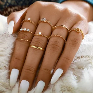 9 Pcs Pearl Diamond Geometric Alloy Women’s Ring Set