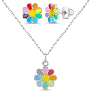 Custom Children’s 925 Sterling Silver Floral Enamel Necklace and Earring Jewelry Set