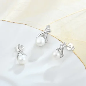 Custom-Made Bridal Cubic Zirconia 925 Silver Pearl Earrings and Pendant Jewelry Set