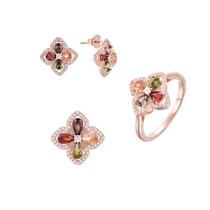 Custom Jewelry Women’s 925 Sterling Silver Cubic Zirconia Four-Leaf Flower Earrings, Ring and Pendant Set, Party Gift